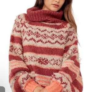Free People Maroon and Beige Cowl Neck Sweater